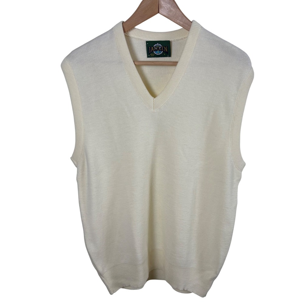 Vtg Jantzen Cream V-Neck Sweater Vest L Golf Grandpa Academia Preppy Retro Cozy